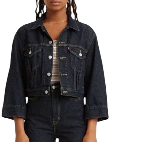 Levis Premium Jacket WMNS S Blue Denim Trucker Relaxed Cropped Jean Flap Pockets - Picture 1 of 13